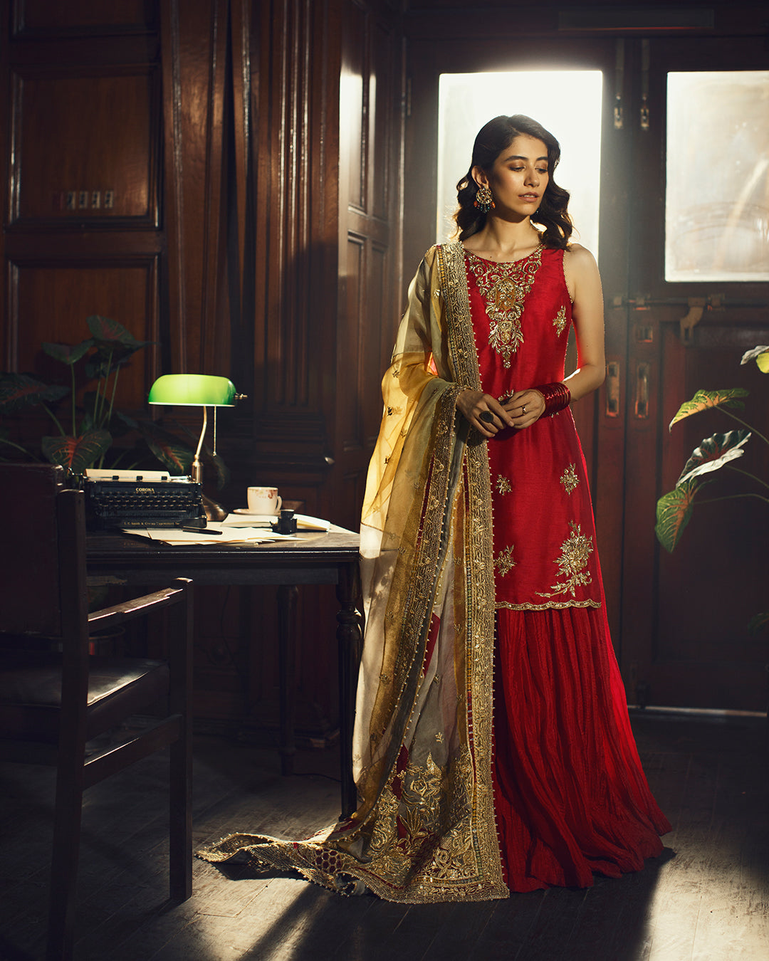 Crimson Embroidered Korean Raw Silk Sharara (3-Piece) - Image 1