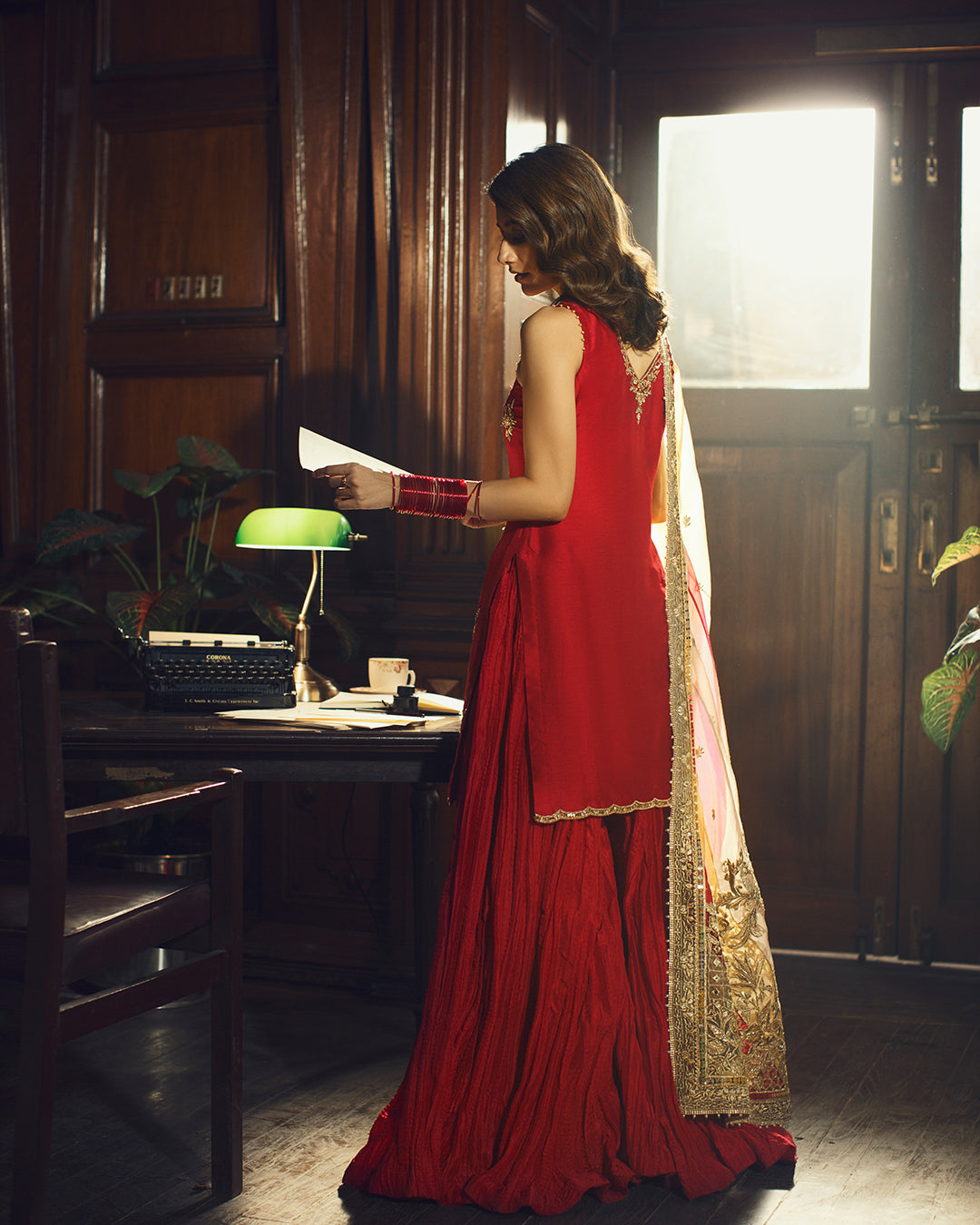 Crimson Embroidered Korean Raw Silk Sharara (3-Piece) - Image 4