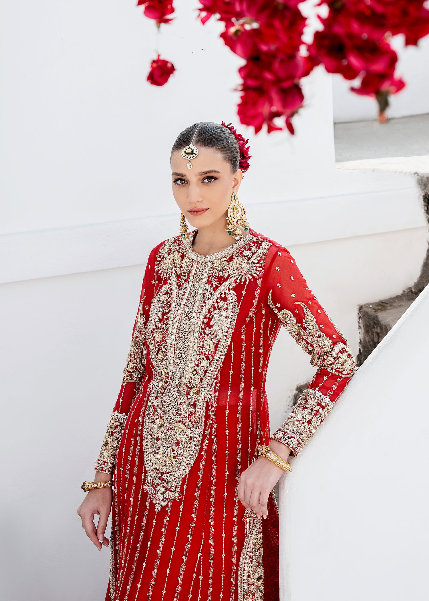 Pakistani Red Embroidered Net & Silk Bridal Sharara (3-Piece) - Image 3