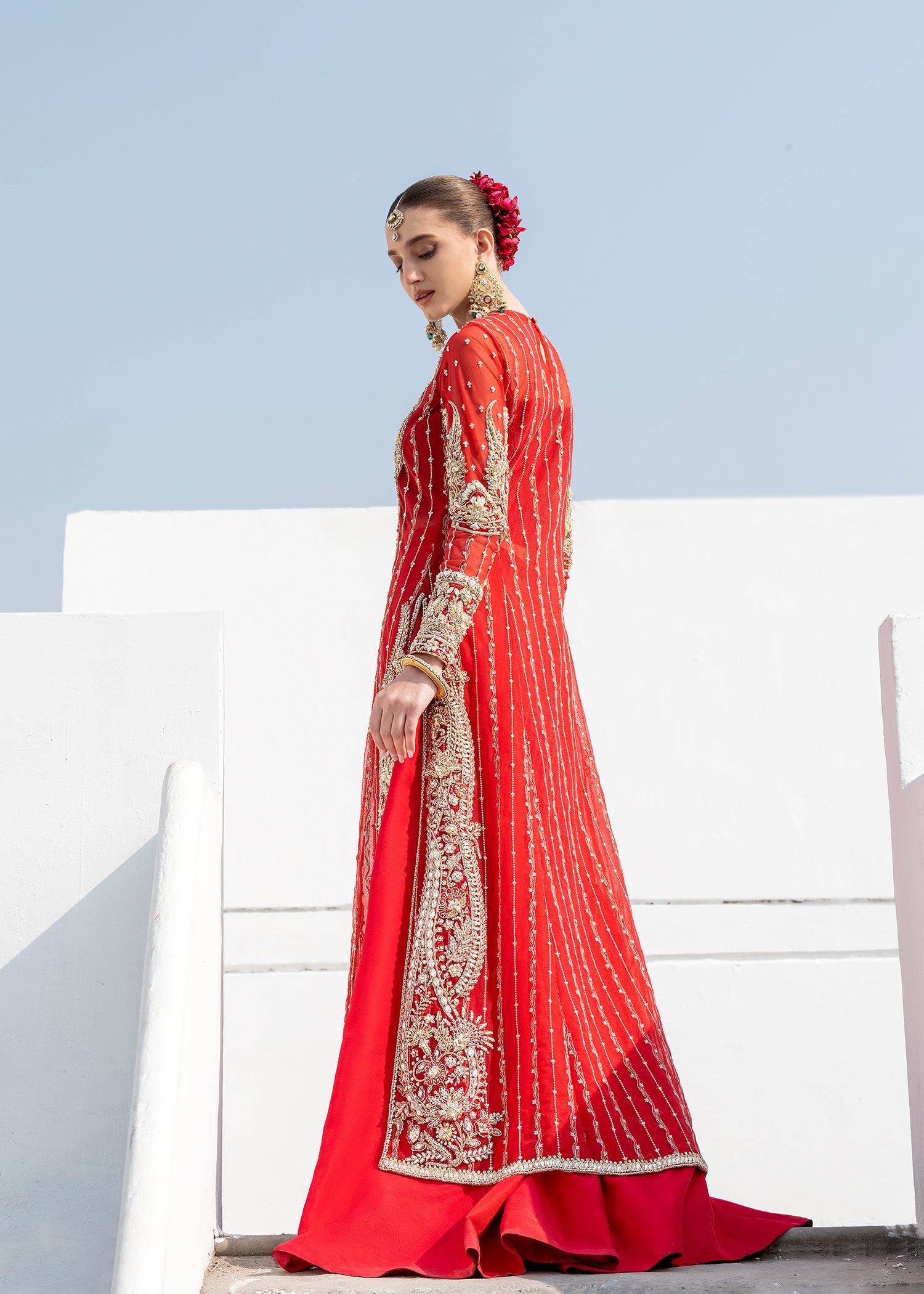 Pakistani Red Embroidered Net & Silk Bridal Sharara (3-Piece) - Image 4