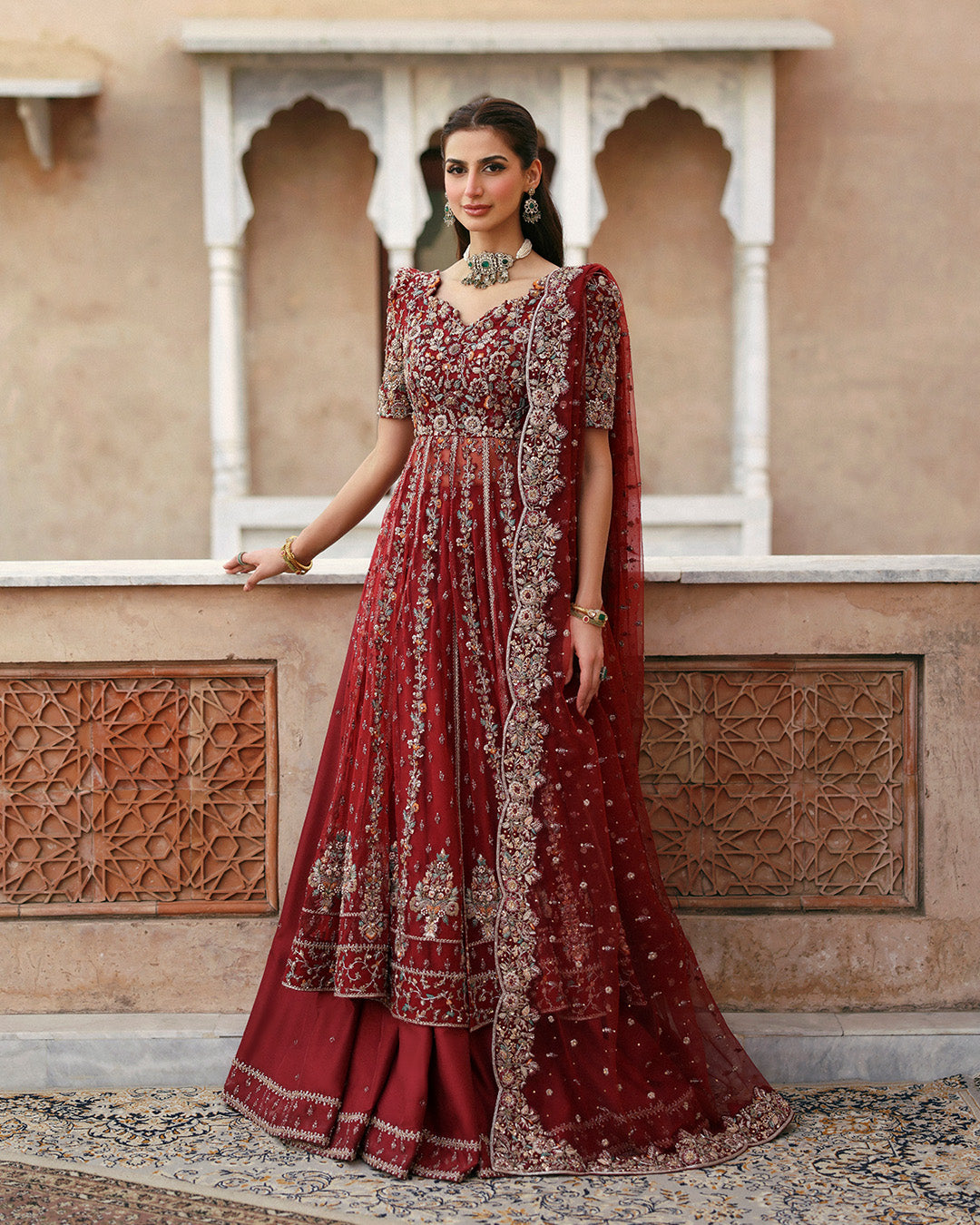 Pakistani Crimson Embroidered Net Kalidar Sharara (3-Piece) - Image 1