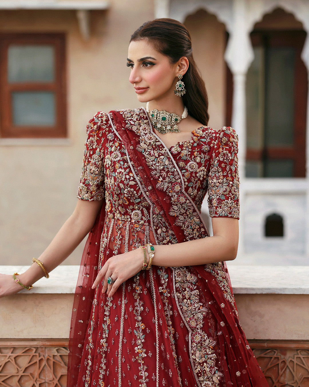 Pakistani Crimson Embroidered Net Kalidar Sharara (3-Piece) - Image 2