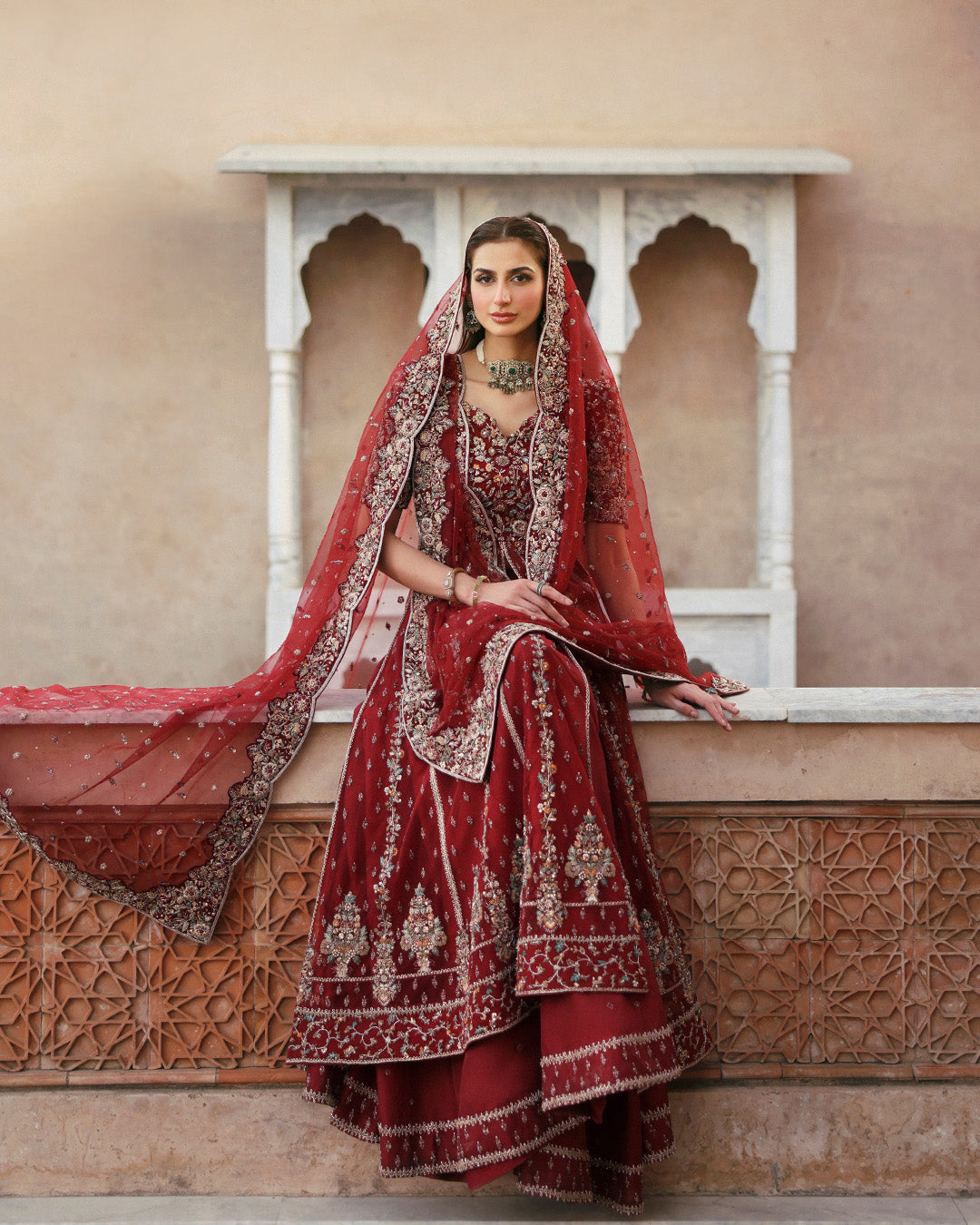 Pakistani Crimson Embroidered Net Kalidar Sharara (3-Piece) - Image 3