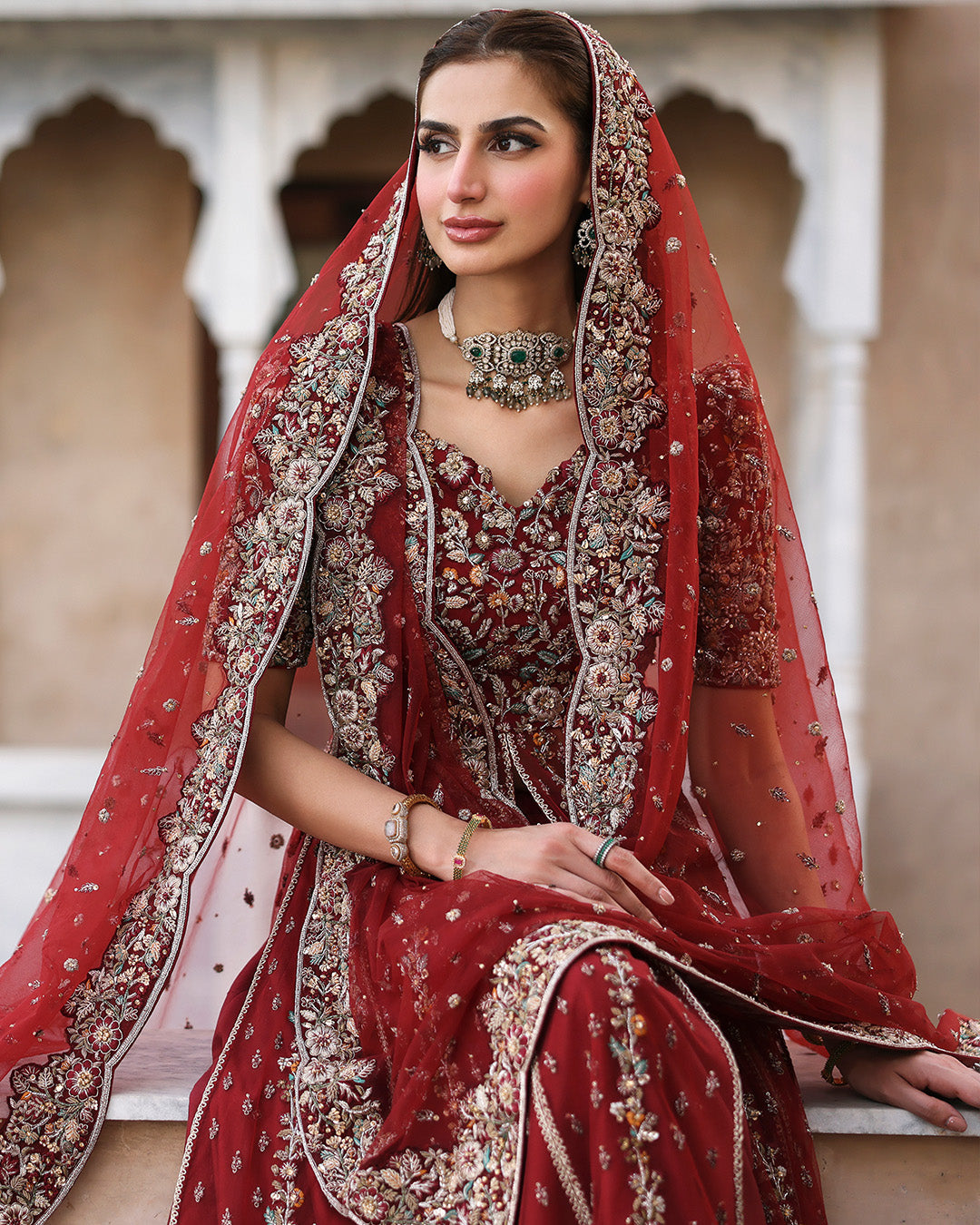 Pakistani Crimson Embroidered Net Kalidar Sharara (3-Piece) - Image 4