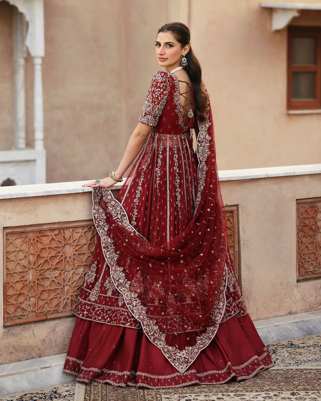 Pakistani Crimson Embroidered Net Kalidar Sharara (3-Piece) - Image 5