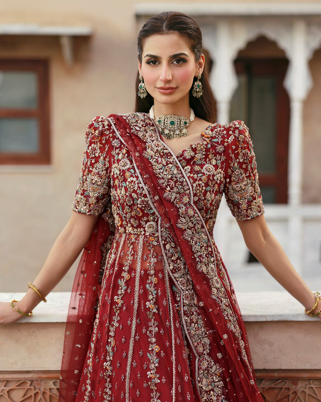 Pakistani Crimson Embroidered Net Kalidar Sharara (3-Piece) - Image 6