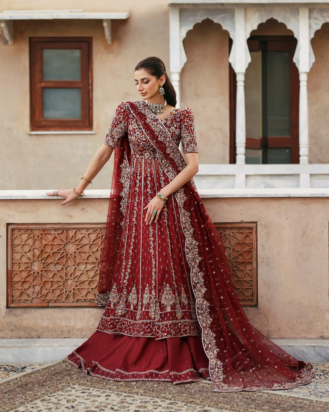 Pakistani Crimson Embroidered Net Kalidar Sharara (3-Piece) - Image 7