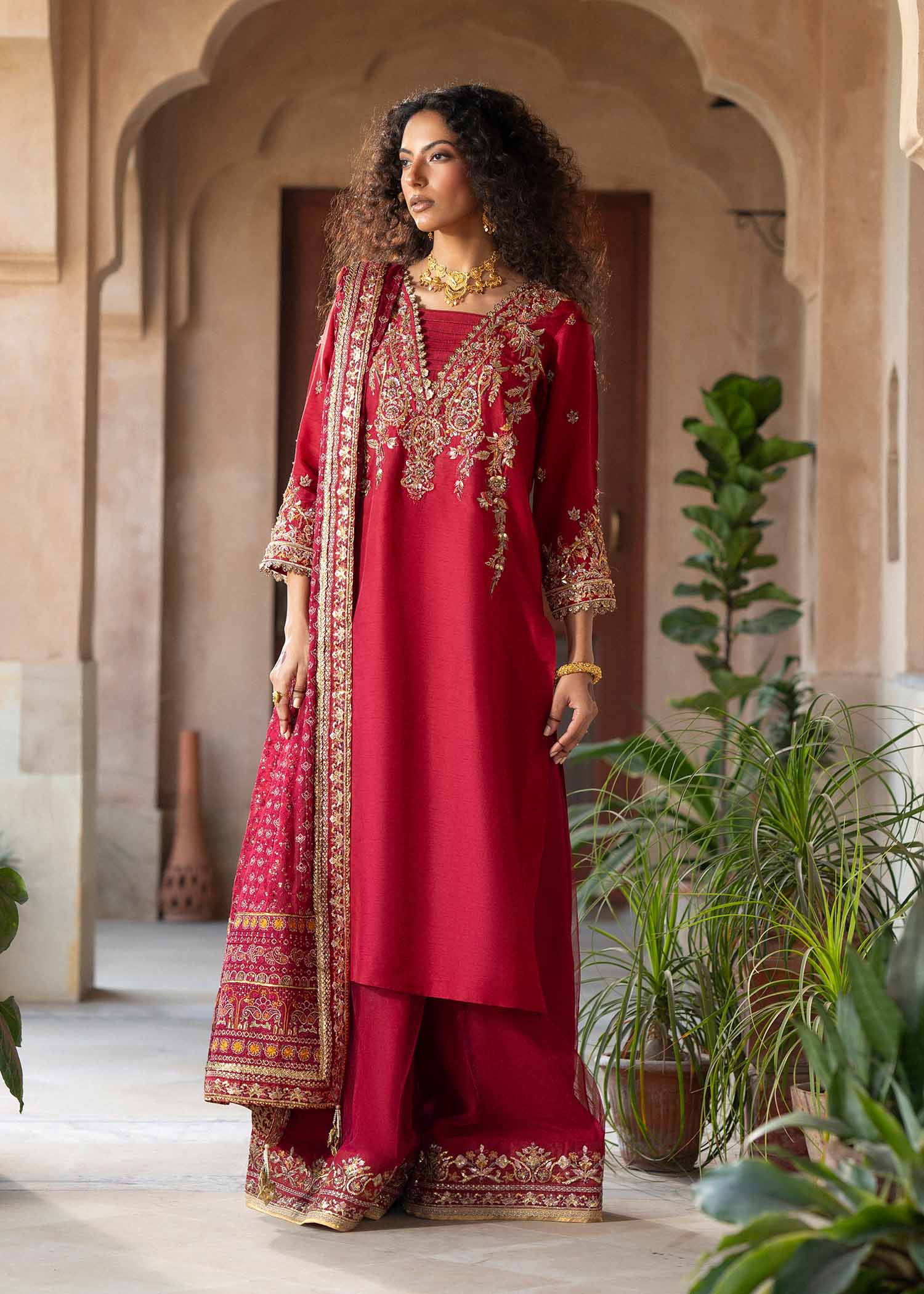 Pakistani Deep Red Embroidered Korean Silk Sharara (3-Piece) - Image 1