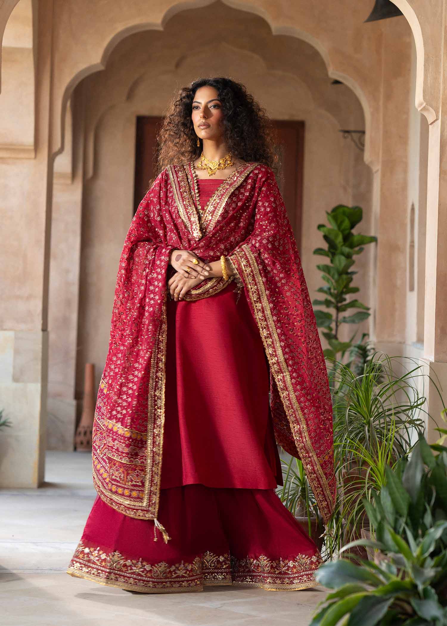 Pakistani Deep Red Embroidered Korean Silk Sharara (3-Piece) - Image 2