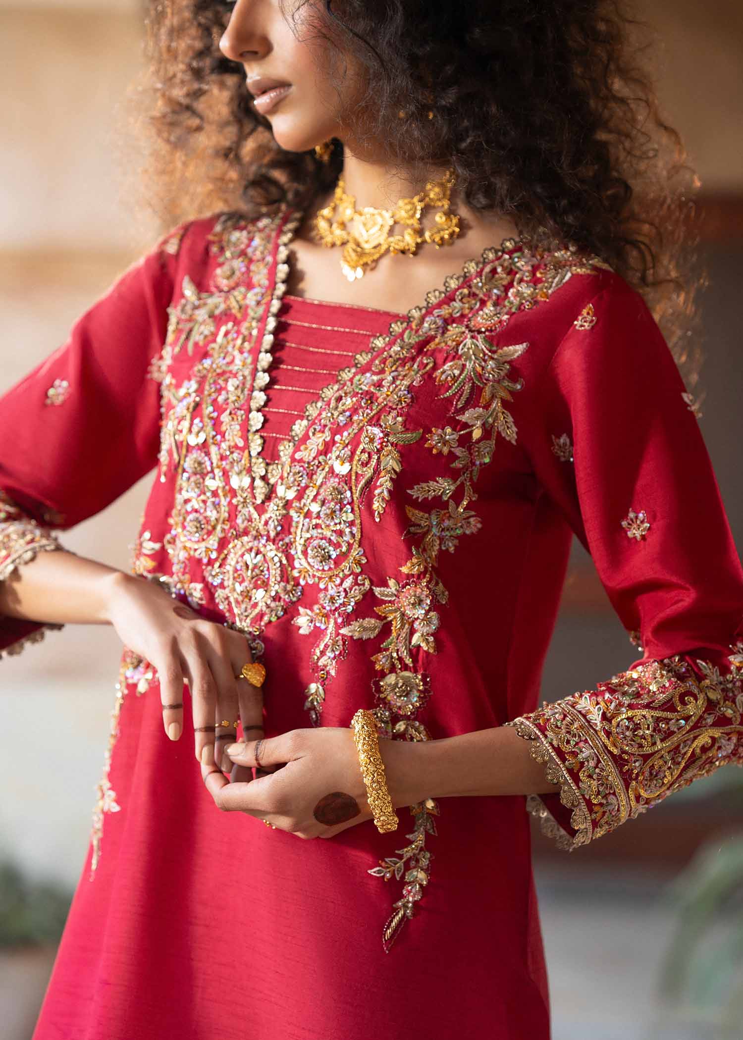 Pakistani Deep Red Embroidered Korean Silk Sharara (3-Piece) - Image 3