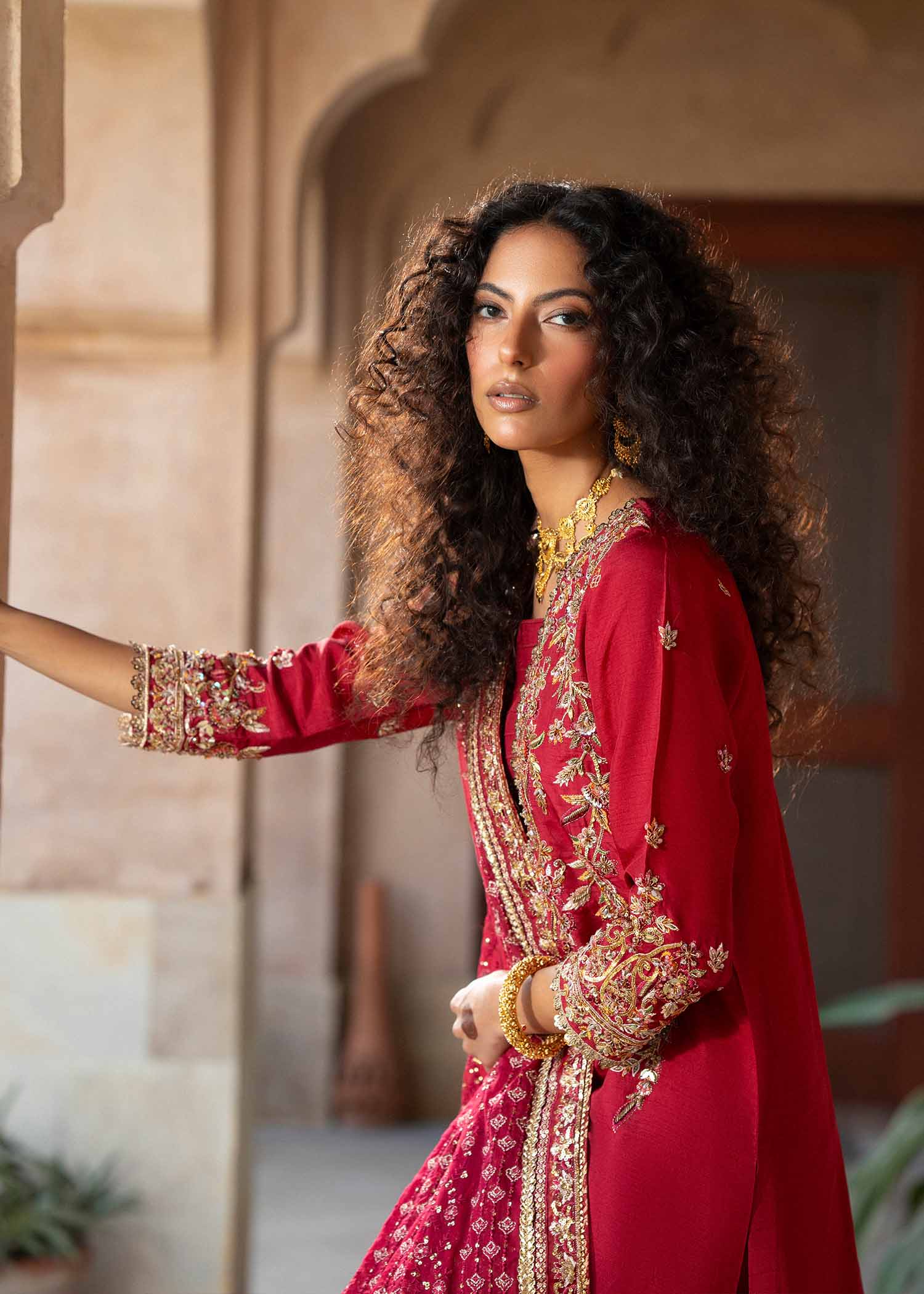 Pakistani Deep Red Embroidered Korean Silk Sharara (3-Piece) - Image 4