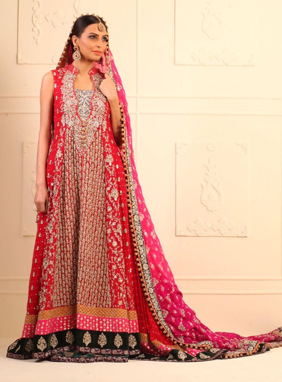 Red Embroidered Mehsuri Net Sharara Dress (3-Piece) - Image 1