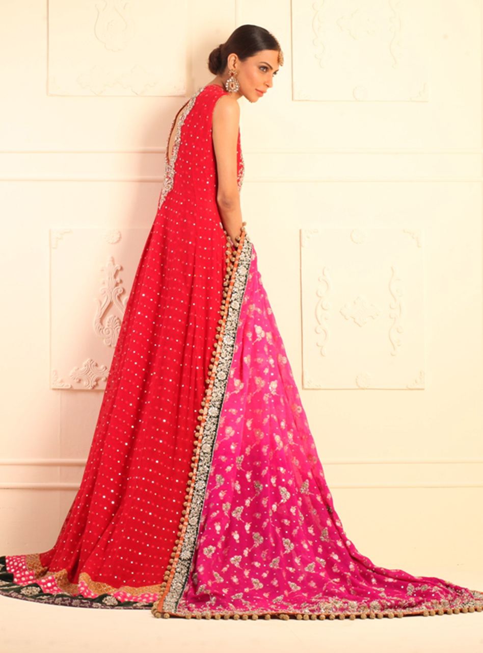 Red Embroidered Mehsuri Net Sharara Dress (3-Piece) - Image 2