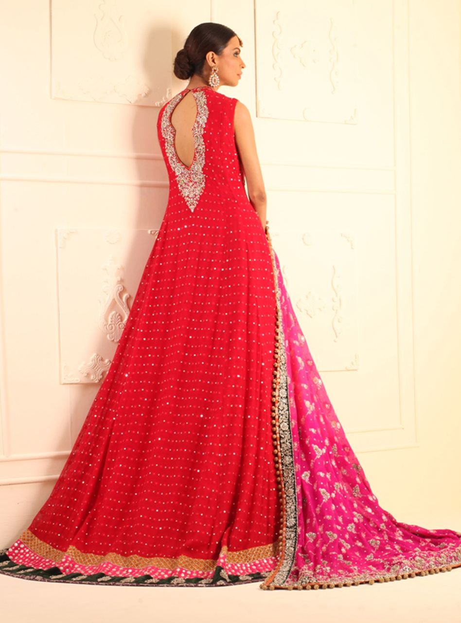 Red Embroidered Mehsuri Net Sharara Dress (3-Piece) - Image 3