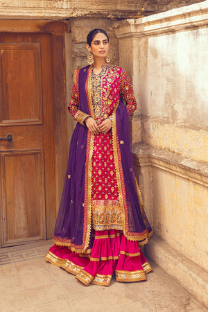 Pakistani Crimson Hand Embellished Printed Sharara (3-Piece) - Image 1