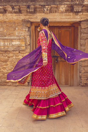 Pakistani Crimson Hand Embellished Printed Sharara (3-Piece) - Image 5