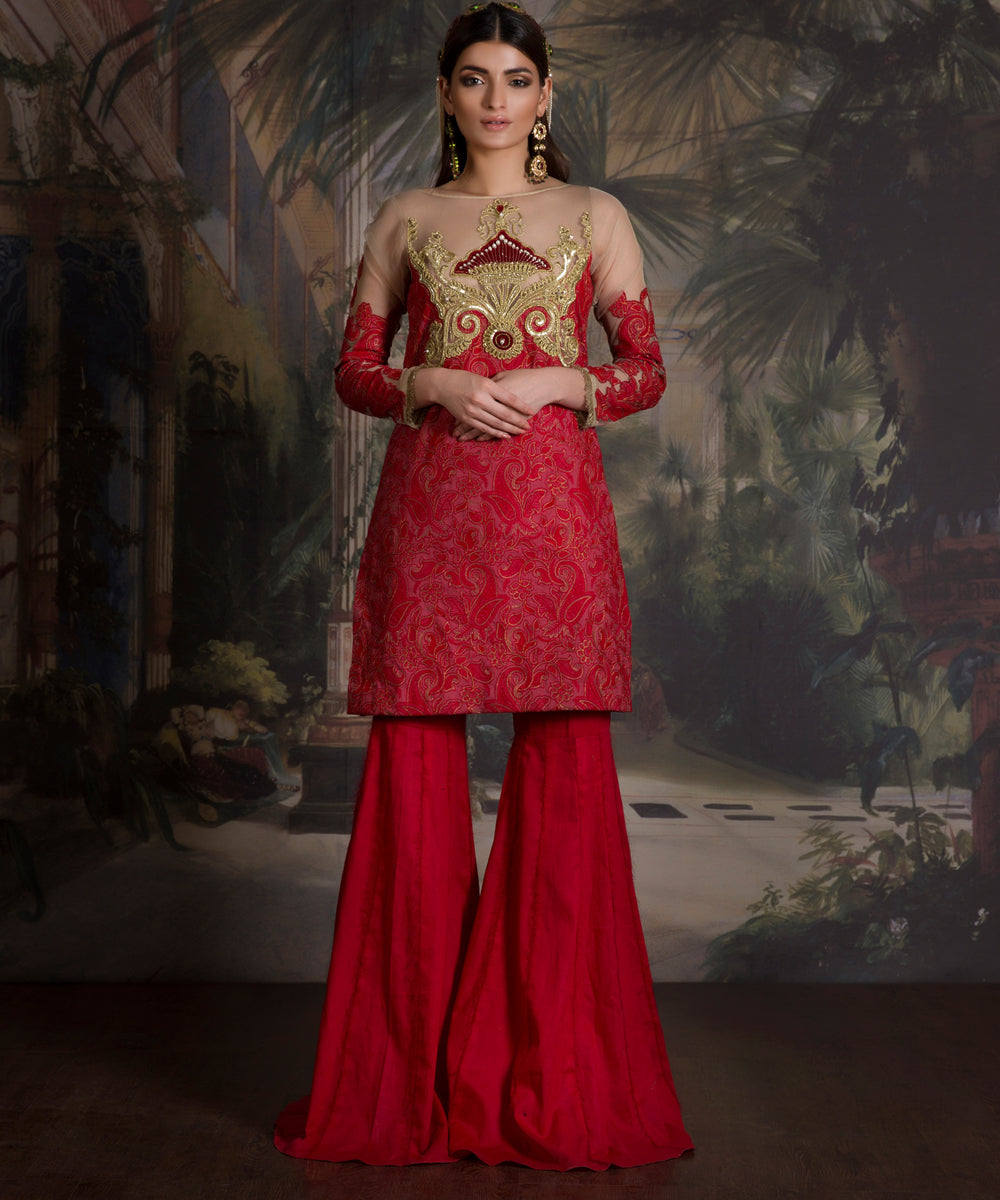Crimson Embroidered Net Kameez with Flared Trousers (2-Piece) - Image 1