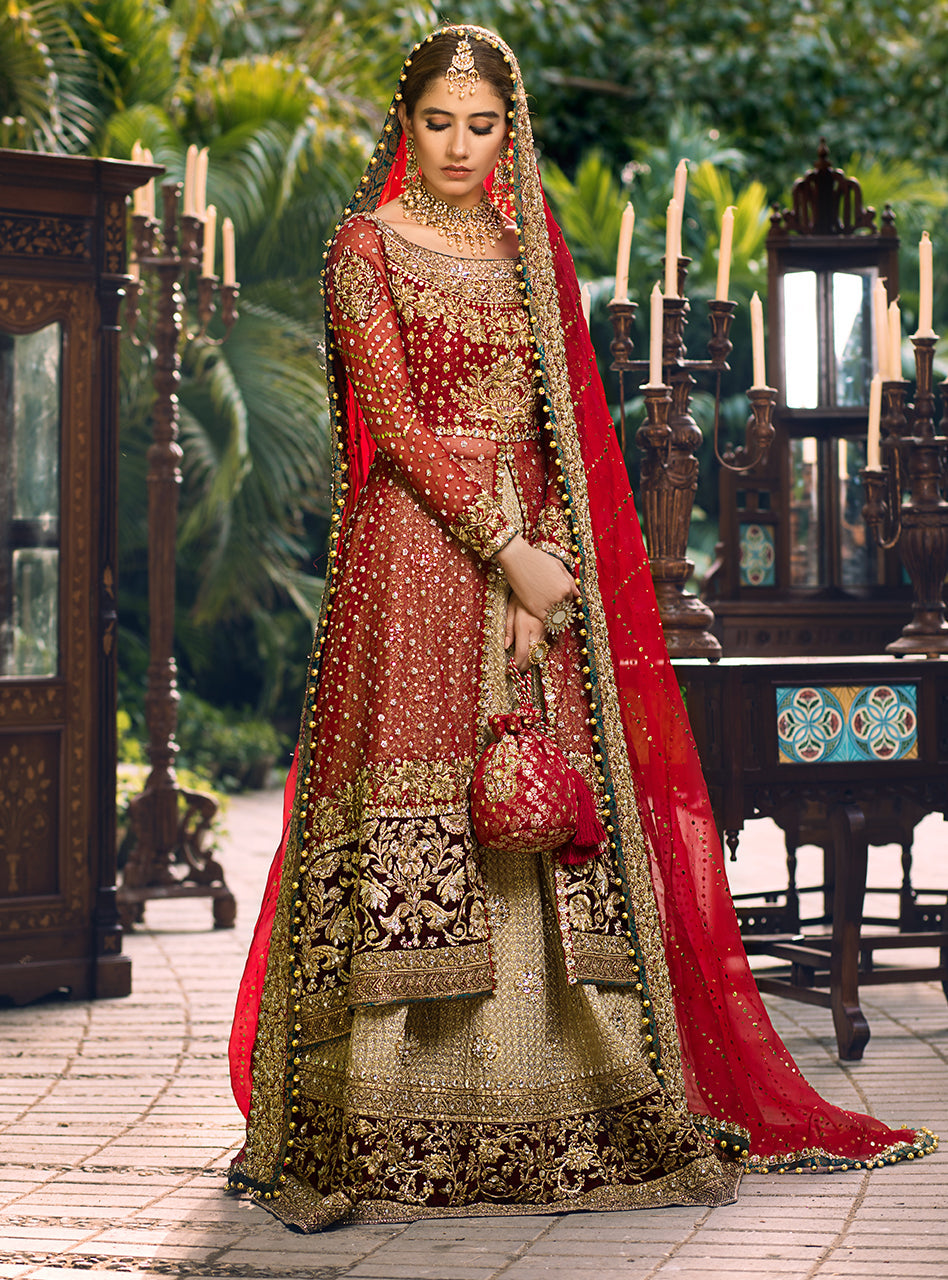 Pakistani Red Embroidered Net & Organza Bridal Gown (3-Piece) - Image 1