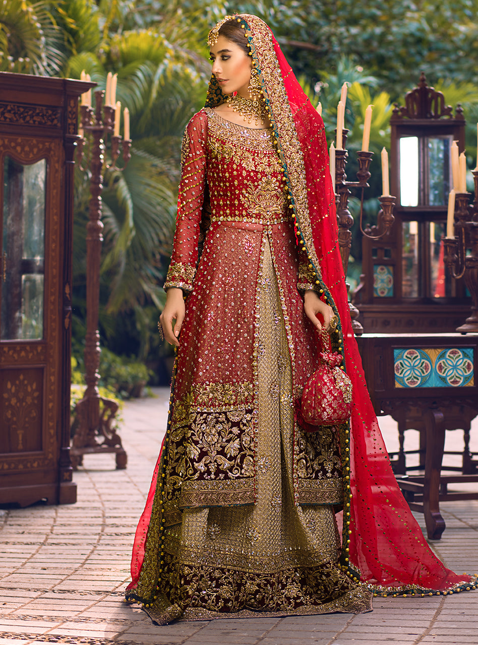 Pakistani Red Embroidered Net & Organza Bridal Gown (3-Piece) - Image 2