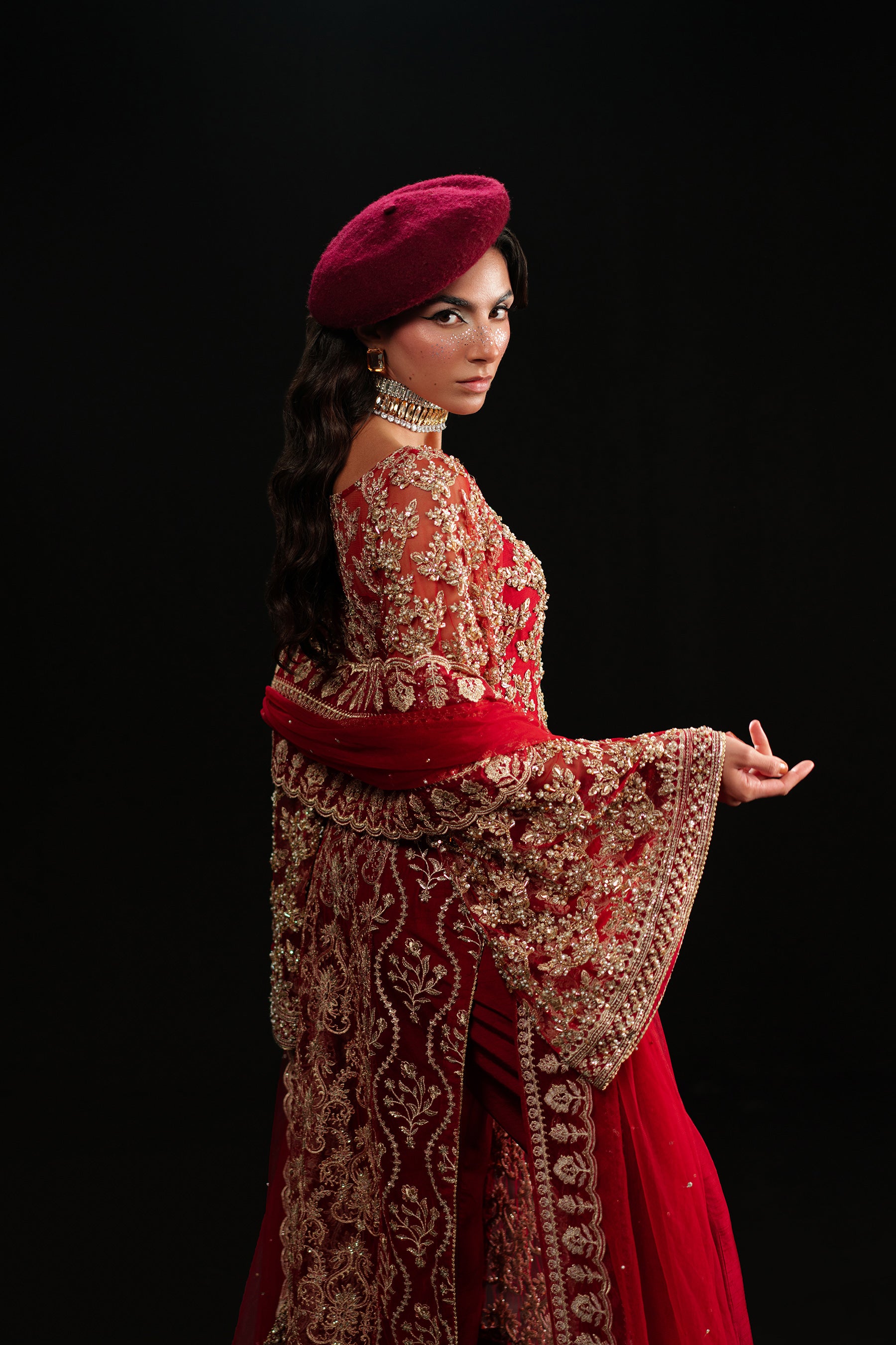 Pakistani Deep Red Embroidered Net & Raw Silk Sharara (3-Piece) - Image 4