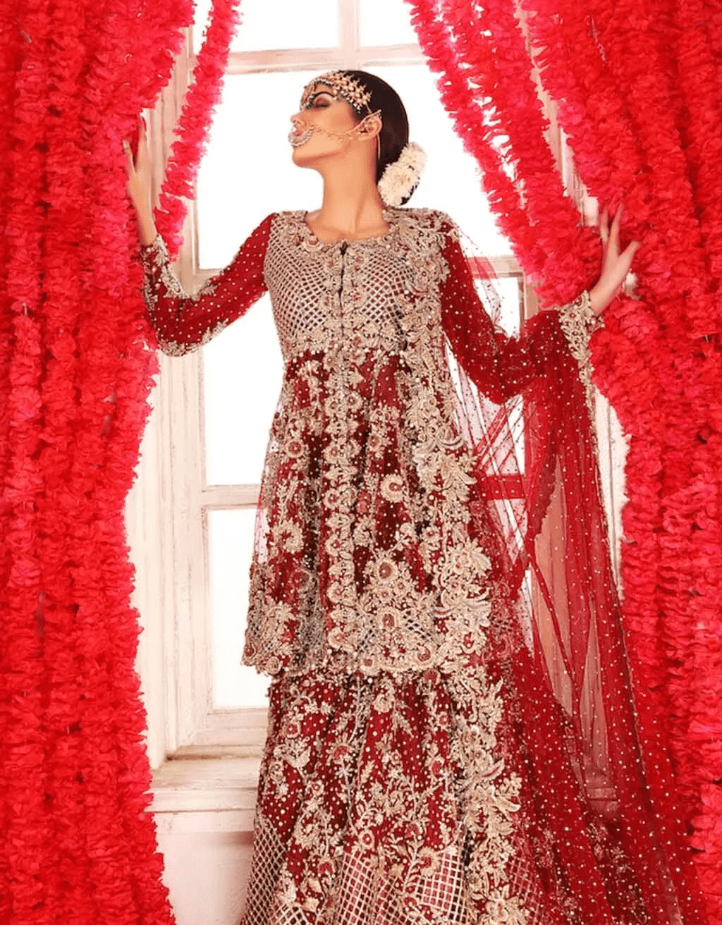 Ruby Red Embellished Net Bridal Sharara (3-Piece) - Image 2