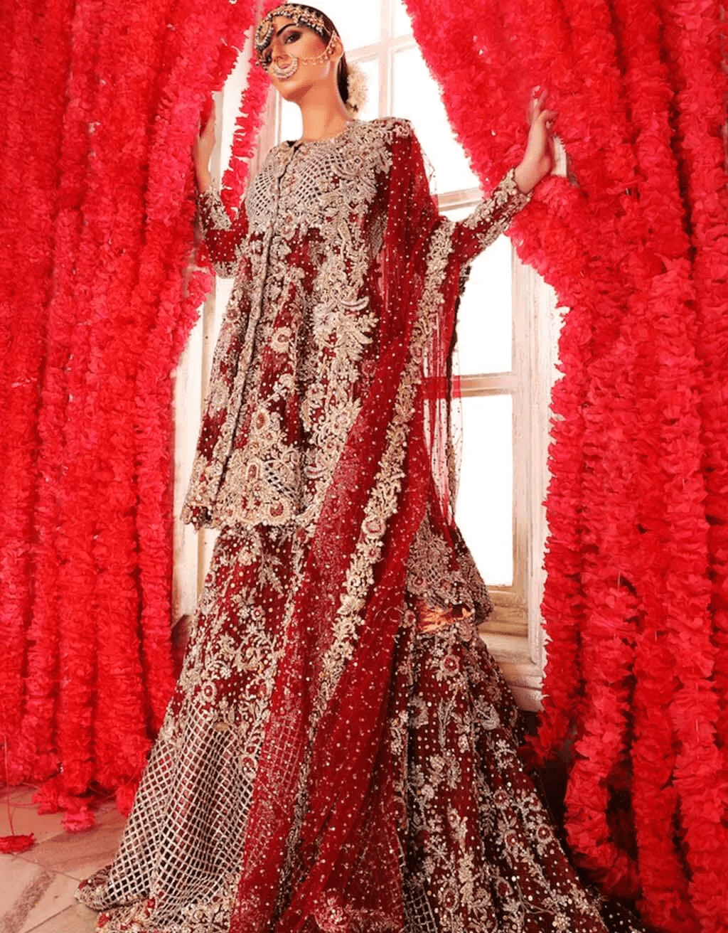Ruby Red Embellished Net Bridal Sharara (3-Piece) - Image 3