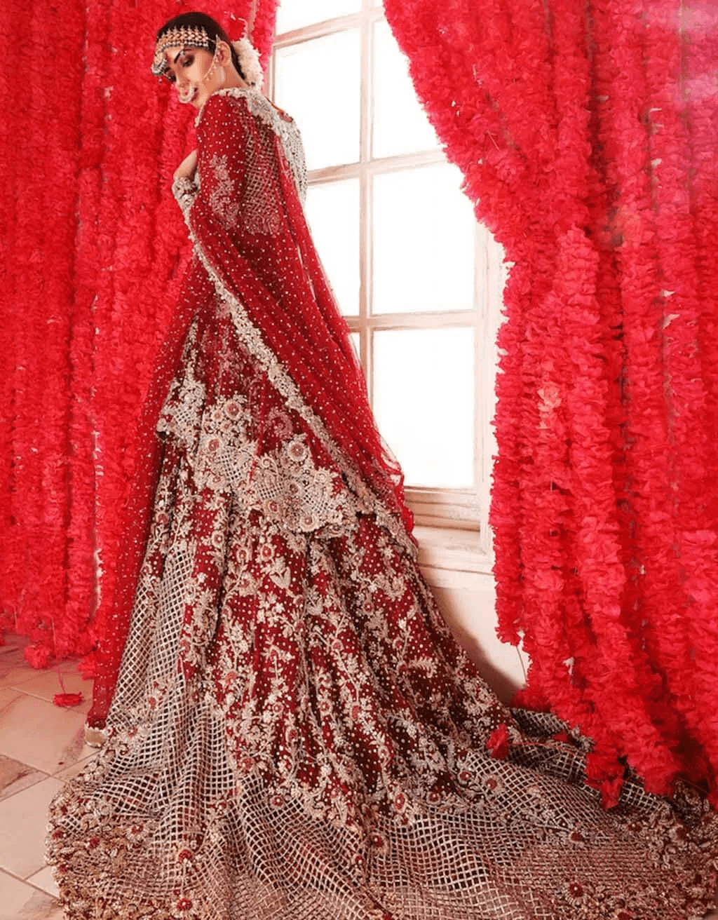 Ruby Red Embellished Net Bridal Sharara (3-Piece) - Image 4