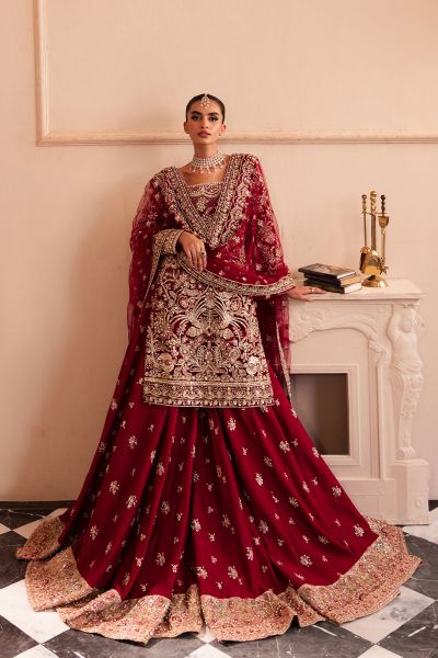 Pakistani Deep Red Embroidered Net Bridal Sharara (3-Piece) - Image 1