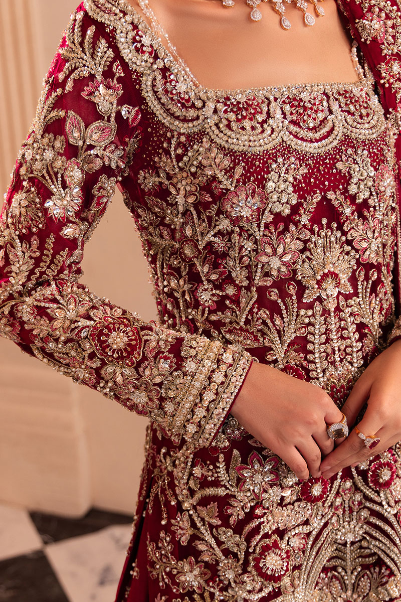 Pakistani Deep Red Embroidered Net Bridal Sharara (3-Piece) - Image 11