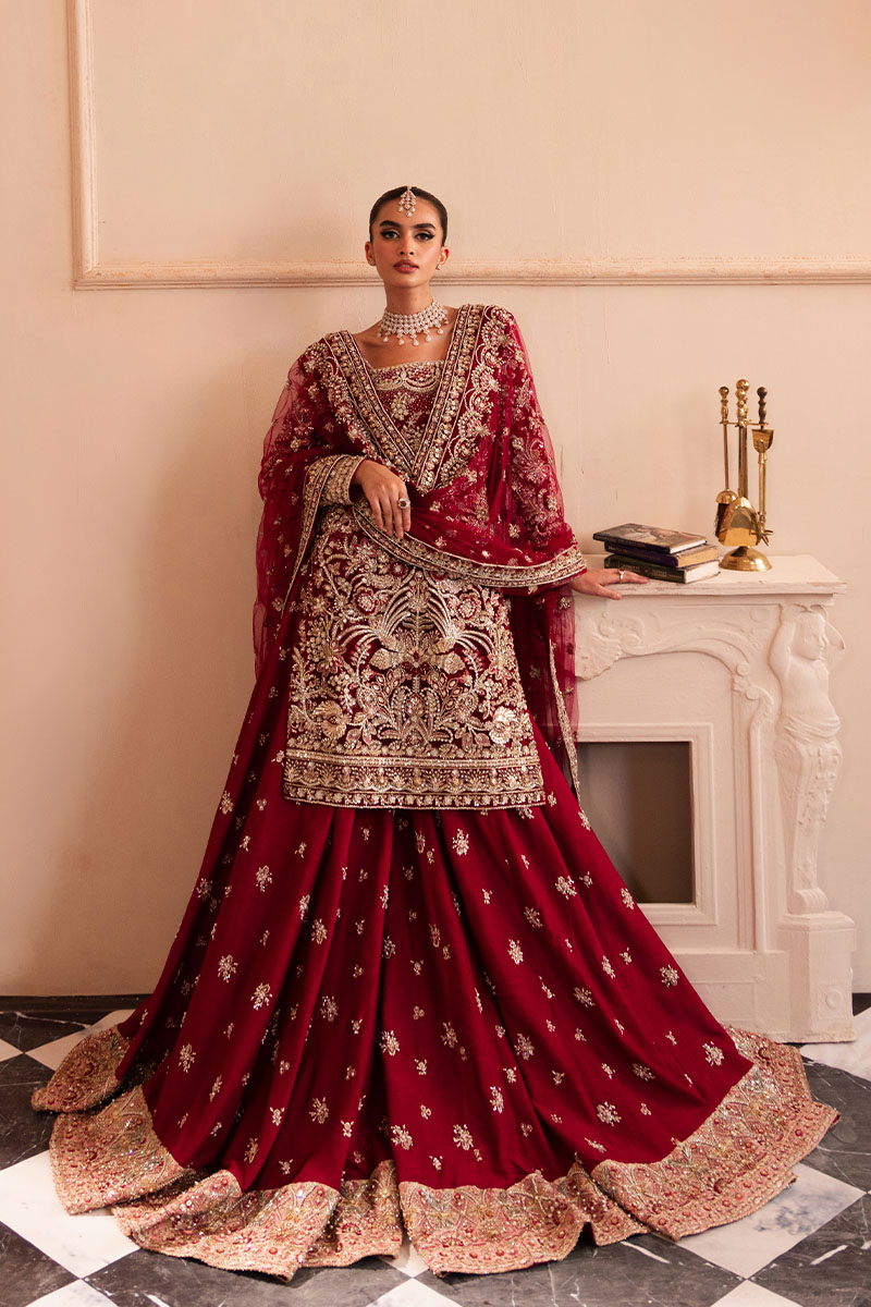 Pakistani Deep Red Embroidered Net Bridal Sharara (3-Piece) - Image 2