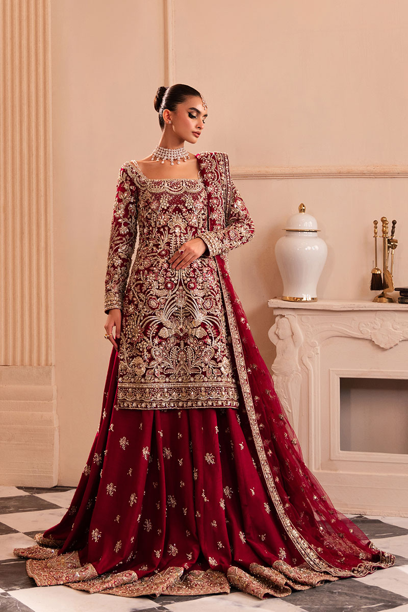 Pakistani Deep Red Embroidered Net Bridal Sharara (3-Piece) - Image 3