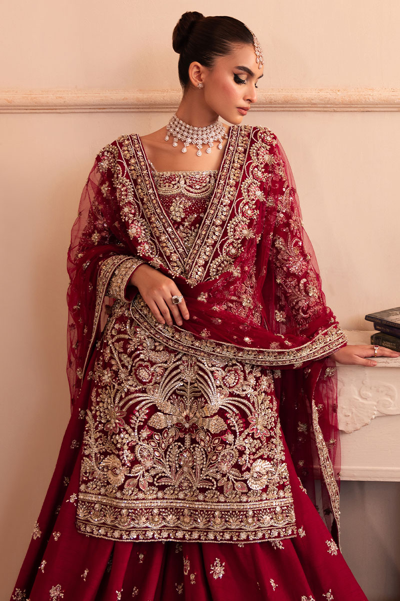 Pakistani Deep Red Embroidered Net Bridal Sharara (3-Piece) - Image 5
