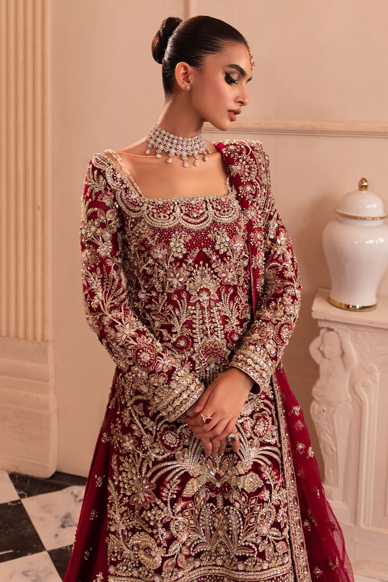 Pakistani Deep Red Embroidered Net Bridal Sharara (3-Piece) - Image 6