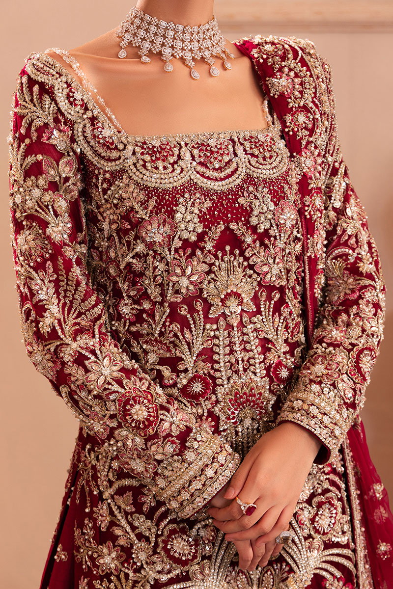 Pakistani Deep Red Embroidered Net Bridal Sharara (3-Piece) - Image 8