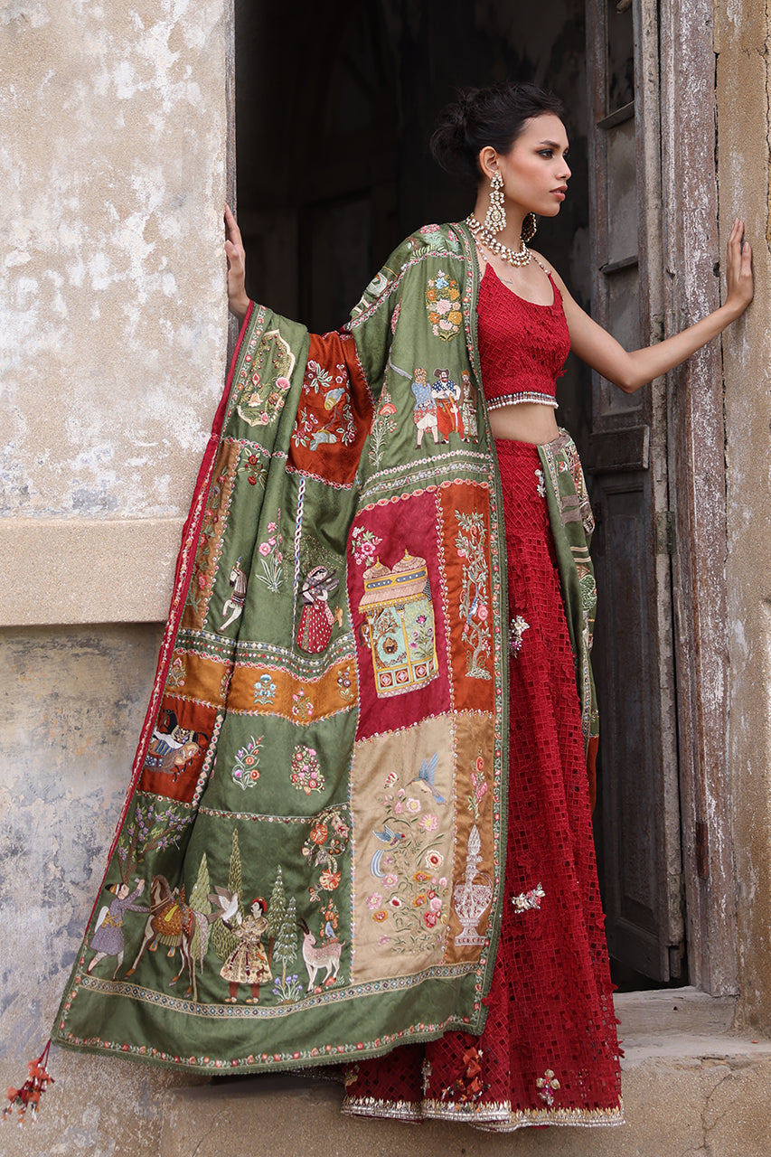 Red Cutwork Organza Sharara with Jamawar Chaddar (3-Piece) - Image 1