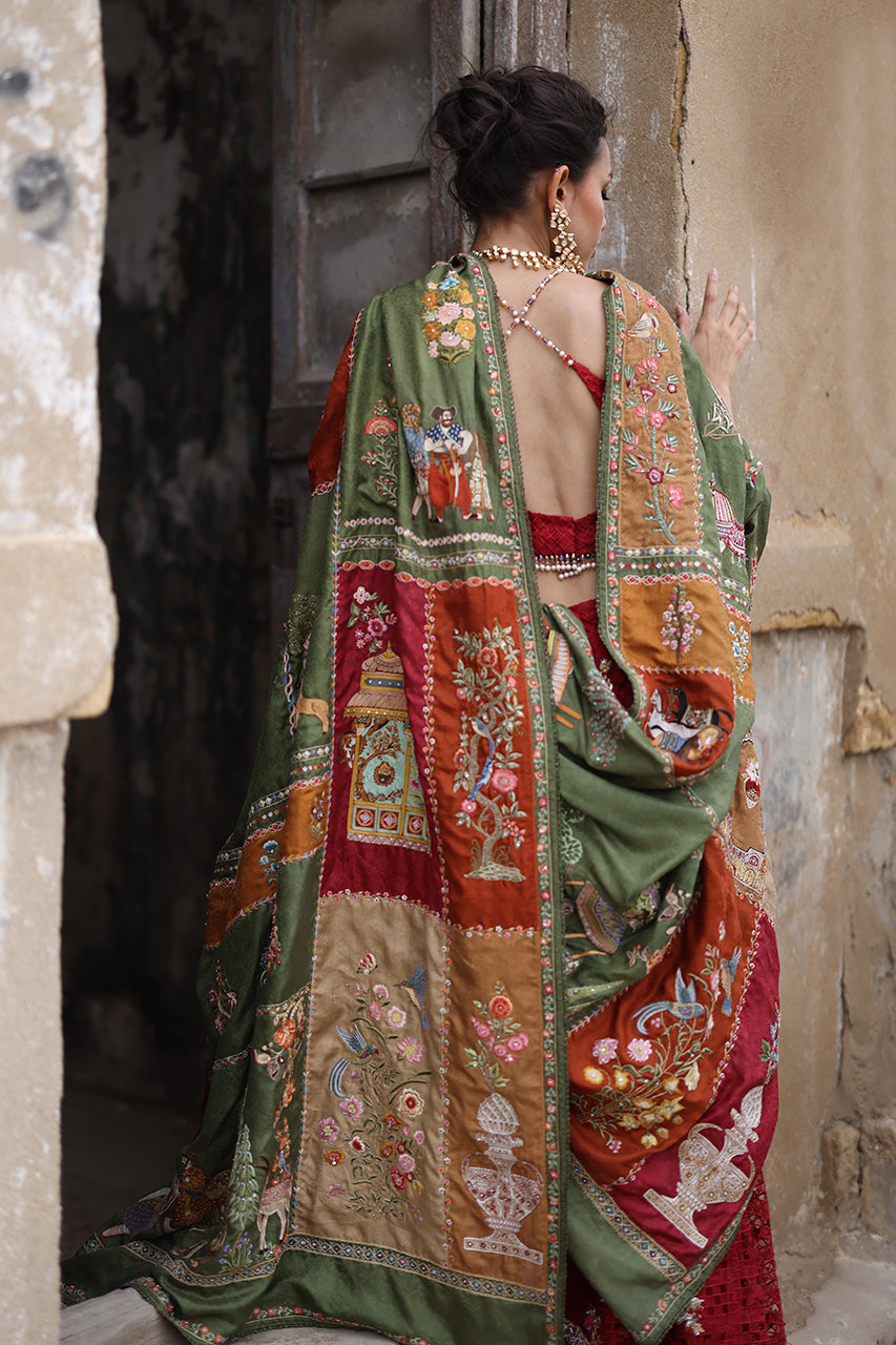 Red Cutwork Organza Sharara with Jamawar Chaddar (3-Piece) - Image 2