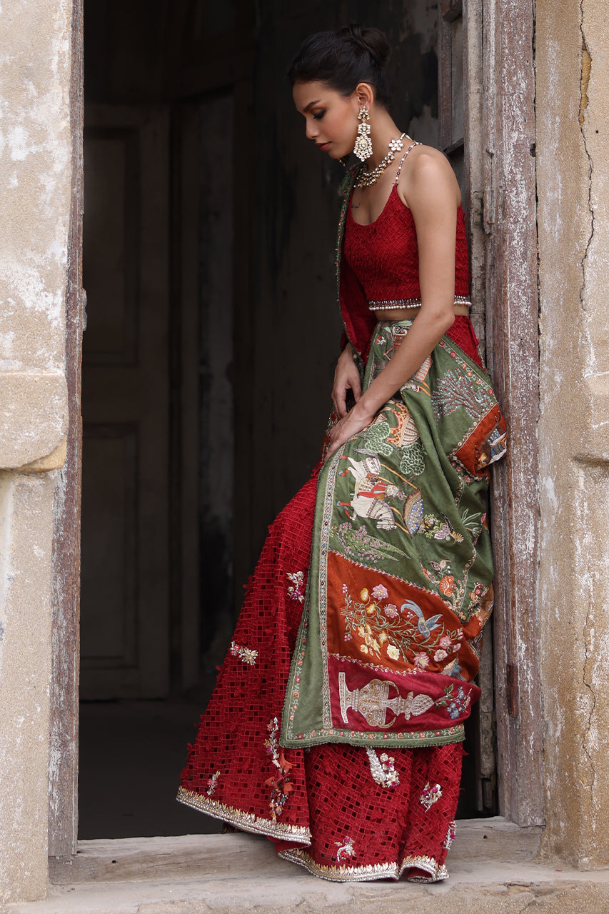Red Cutwork Organza Sharara with Jamawar Chaddar (3-Piece) - Image 3