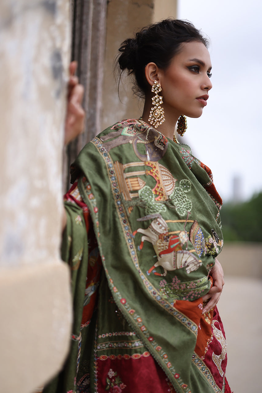 Red Cutwork Organza Sharara with Jamawar Chaddar (3-Piece) - Image 5