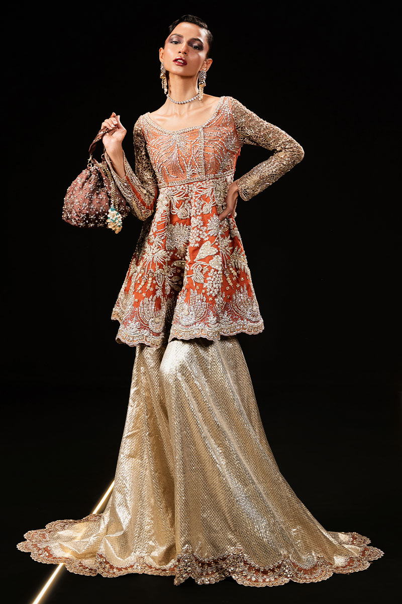 Rust Embellished Organza Peplum Sharara (3-Piece) - Image 1