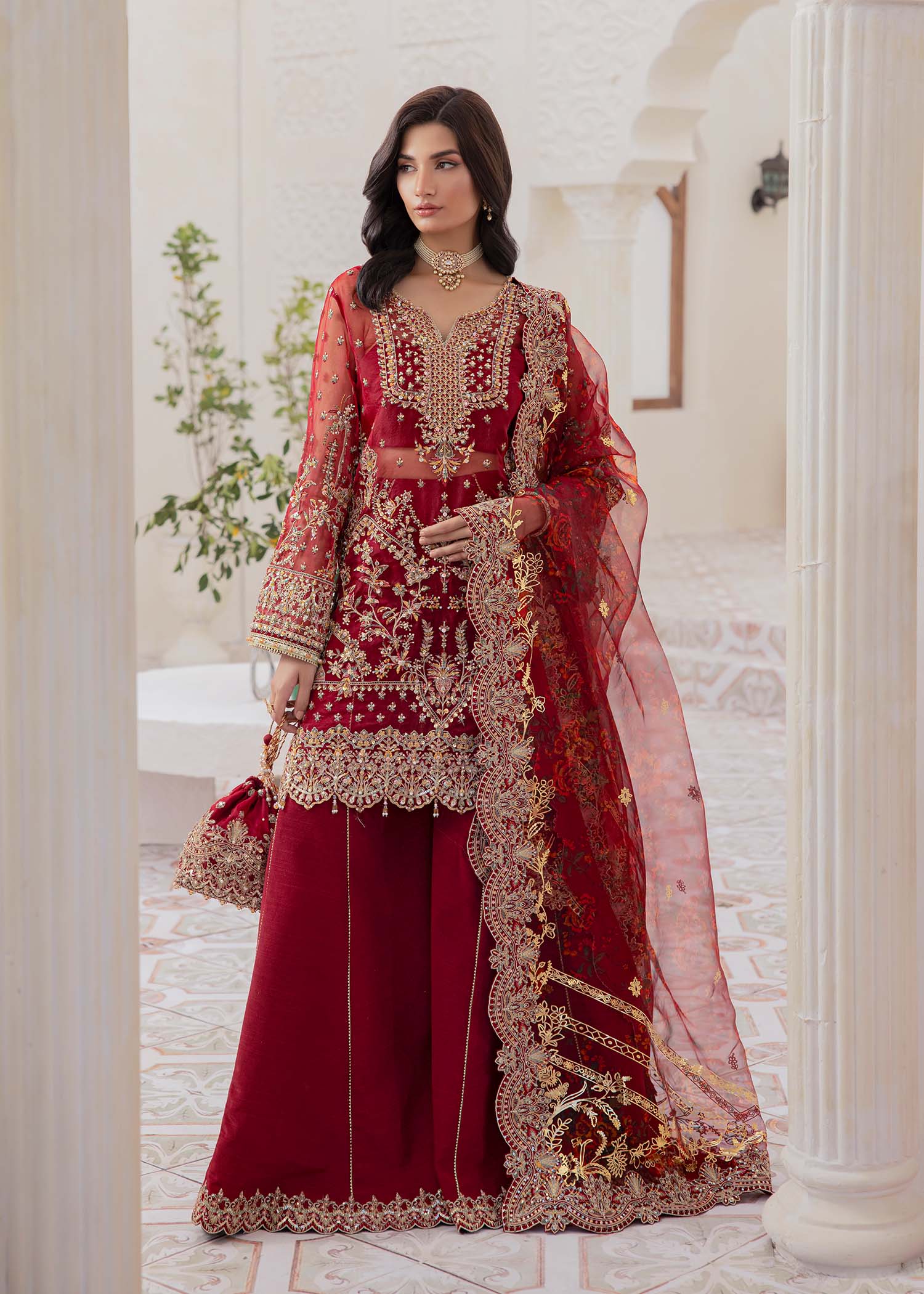 Deep Red Embroidered Organza Sharara (3-Piece) - Image 1