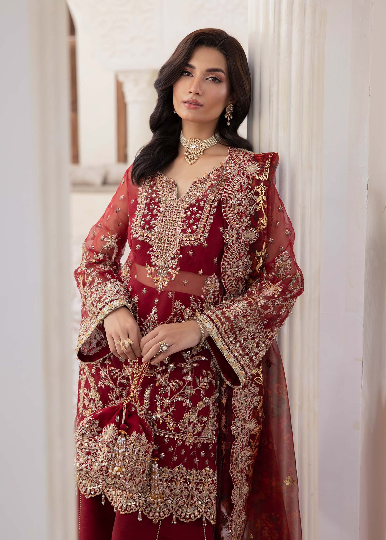 Deep Red Embroidered Organza Sharara (3-Piece) - Image 2