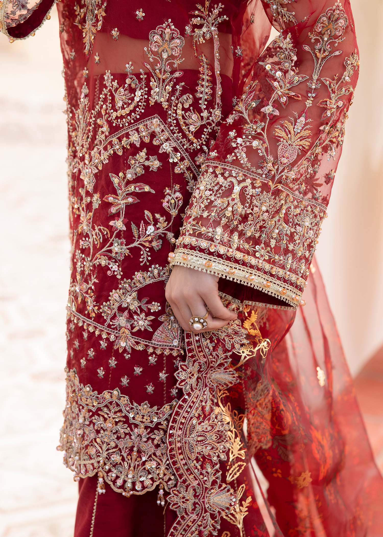 Deep Red Embroidered Organza Sharara (3-Piece) - Image 3