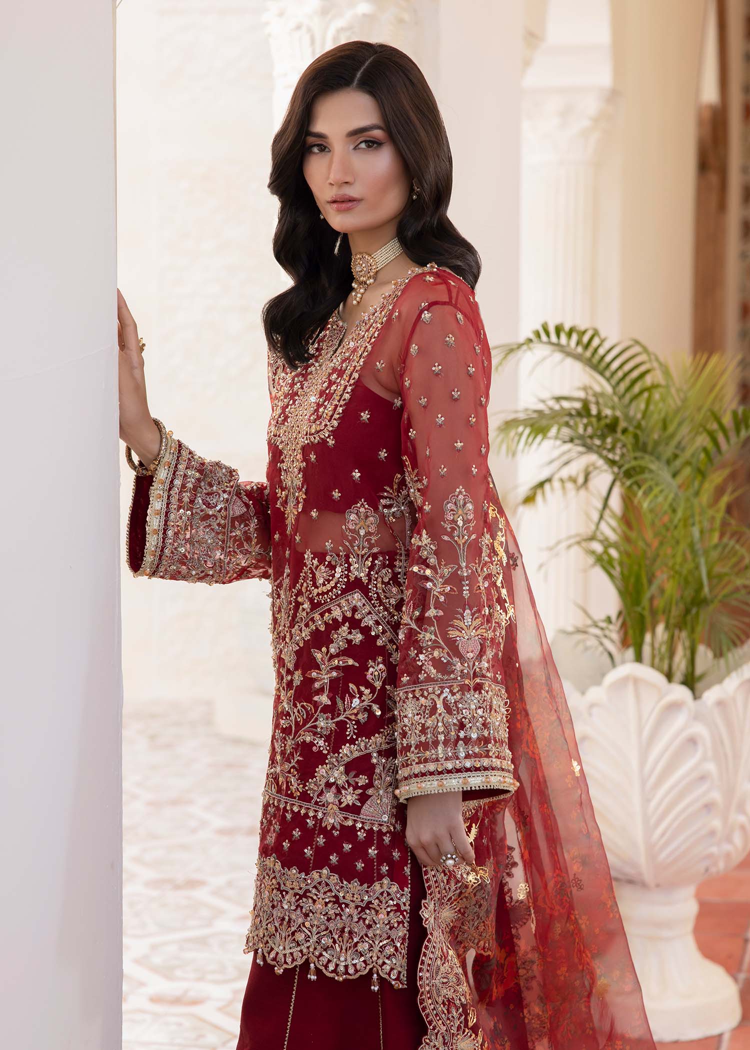 Deep Red Embroidered Organza Sharara (3-Piece) - Image 4