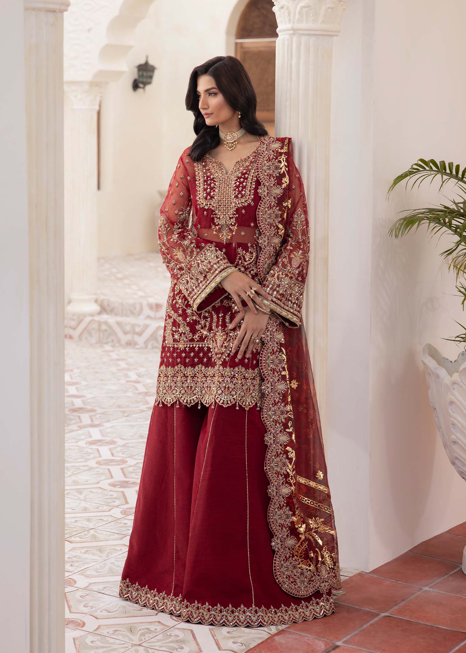 Deep Red Embroidered Organza Sharara (3-Piece) - Image 6