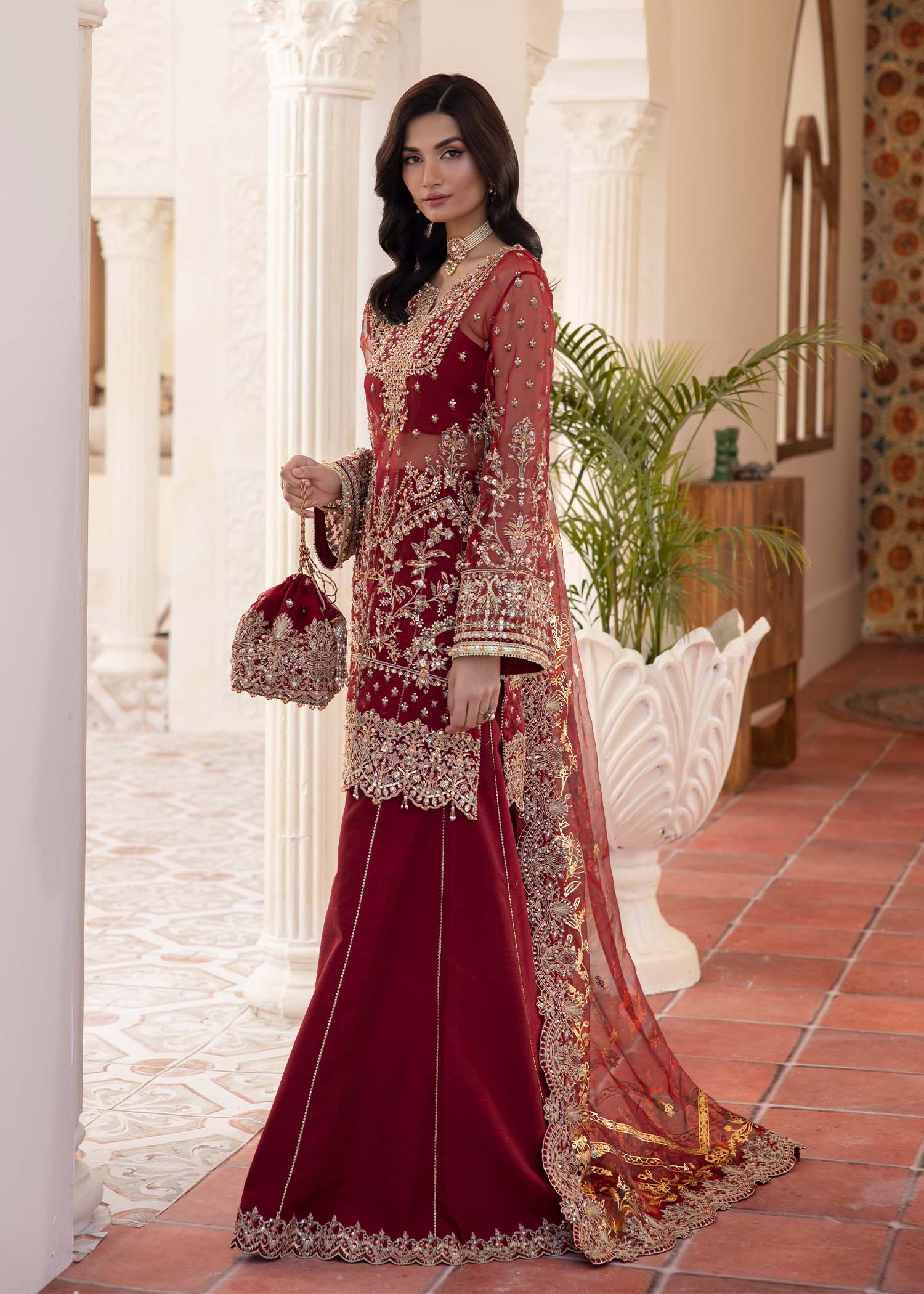 Deep Red Embroidered Organza Sharara (3-Piece) - Image 7