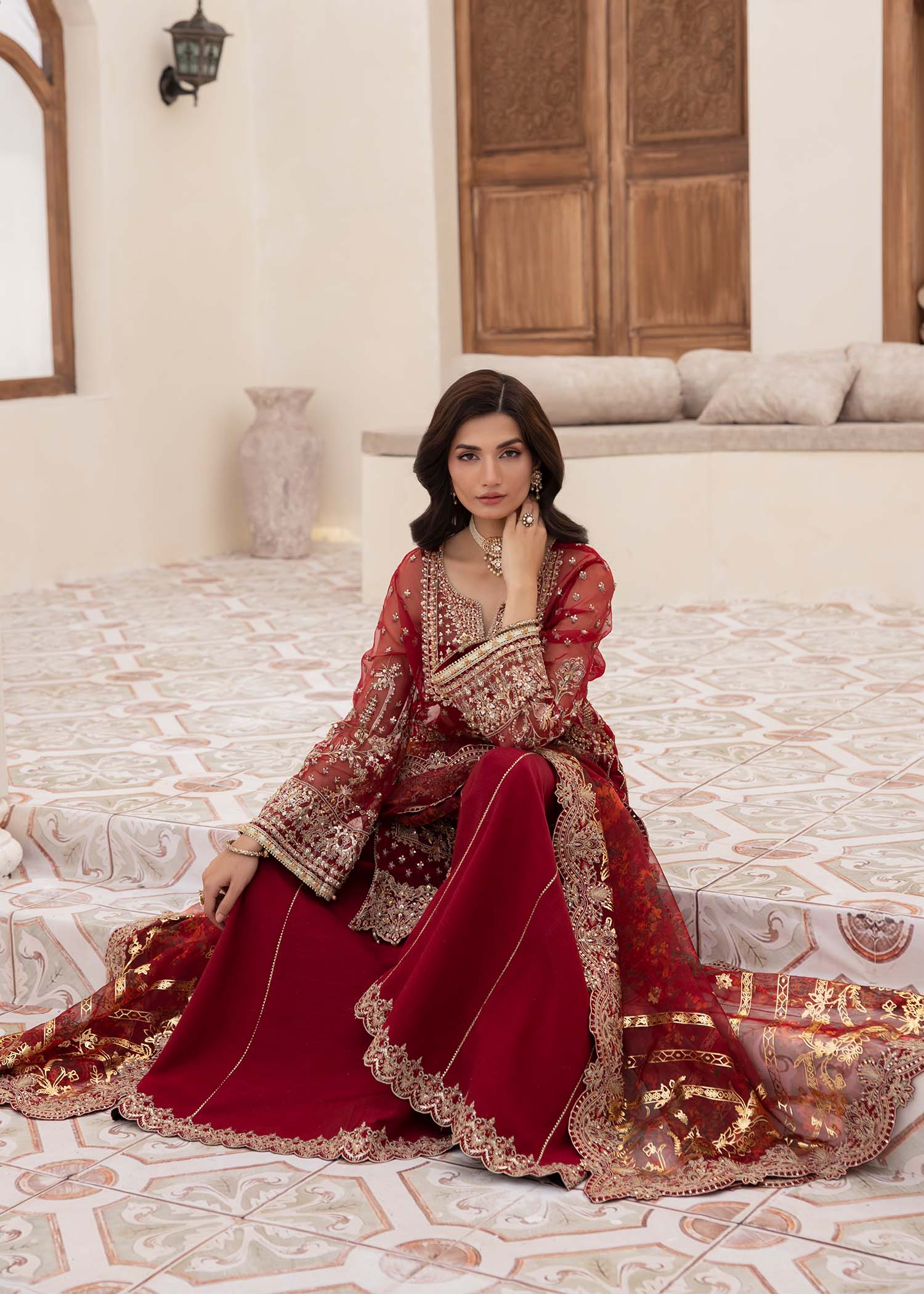 Deep Red Embroidered Organza Sharara (3-Piece) - Image 8
