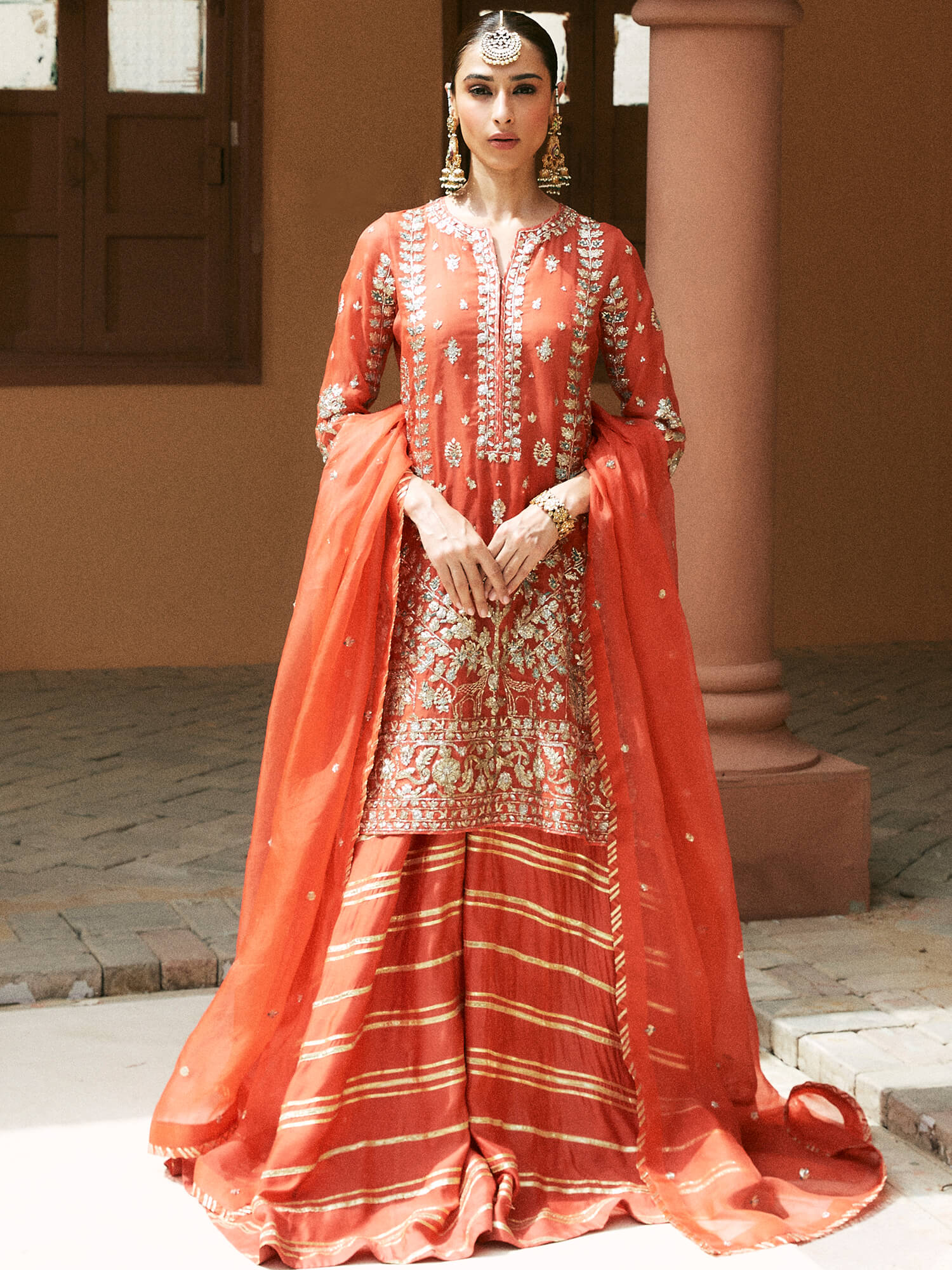 Pakistani Vermillion Gota Embroidered Organza & Khaddi Silk Sharara (3-Piece) - Image 1
