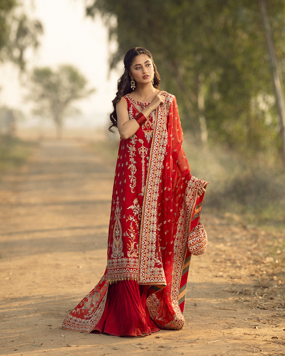 Pakistani Red Embroidered Organza Sharara Set (3-Piece) - Image 1