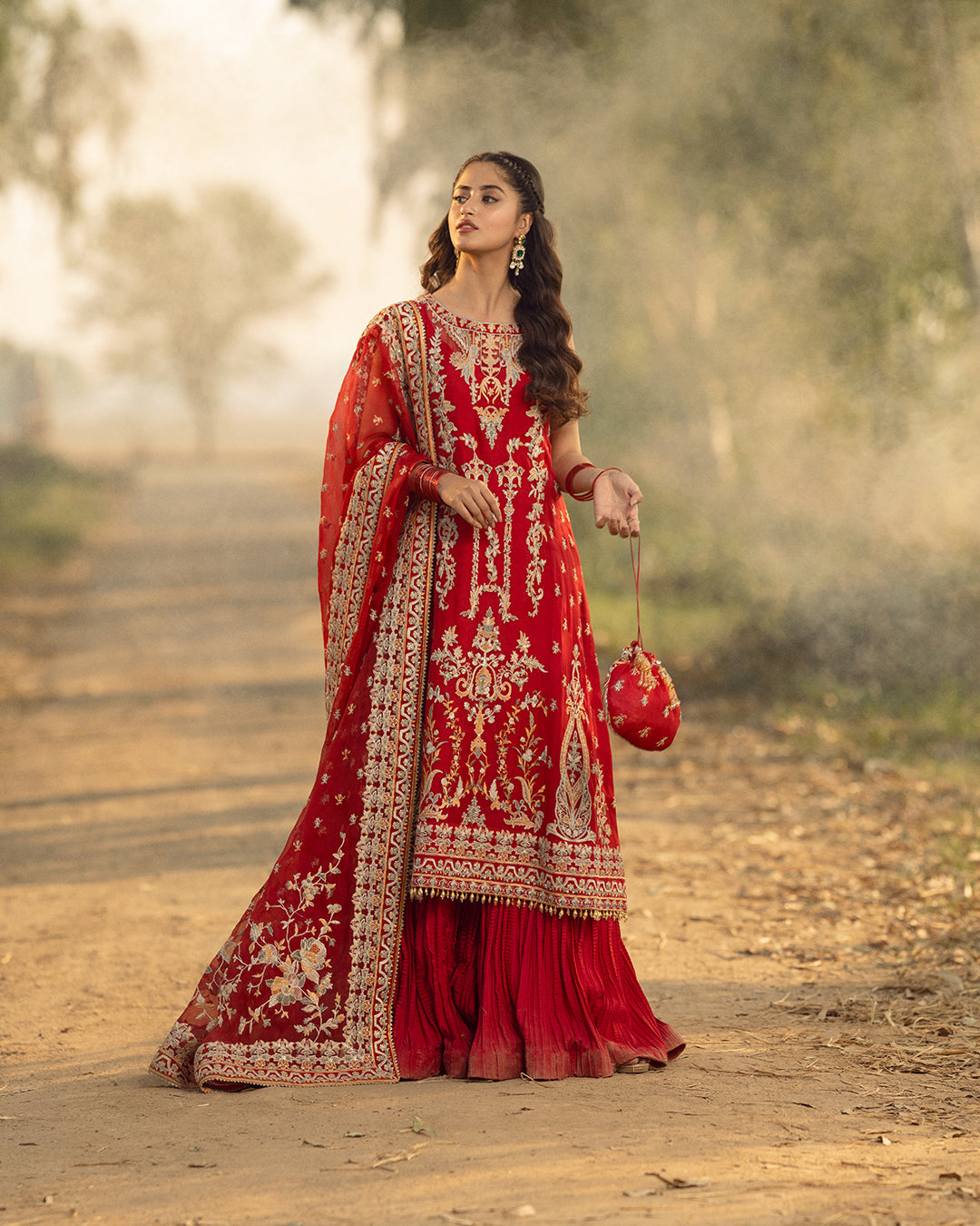 Pakistani Red Embroidered Organza Sharara Set (3-Piece) - Image 4