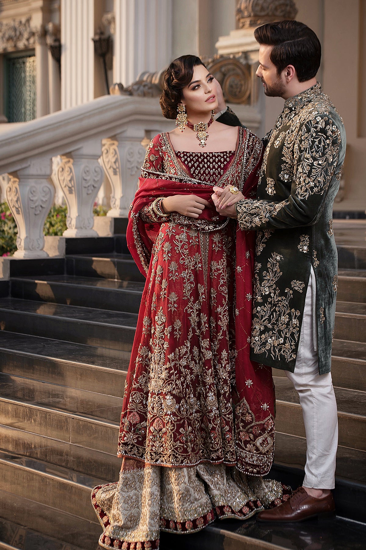 Pakistani Ruby Red Embroidered Organza Gown Sharara (3-Piece) - Image 1